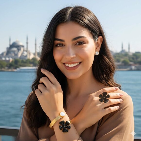 Turkish Artisanal Black Flower Set 18K Gold Plated Brass Statement Jewelry - Picture 12 of 14